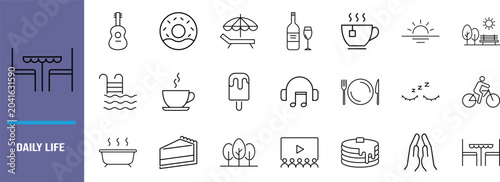 Daily life routine activity icons. coffee icon set, donut icon set, bicycle icon set