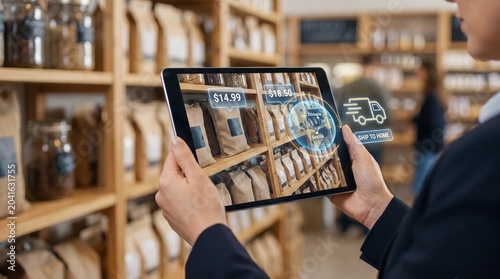 Augmented reality technology in retail store, customer using tablet to view product information and shipping options
