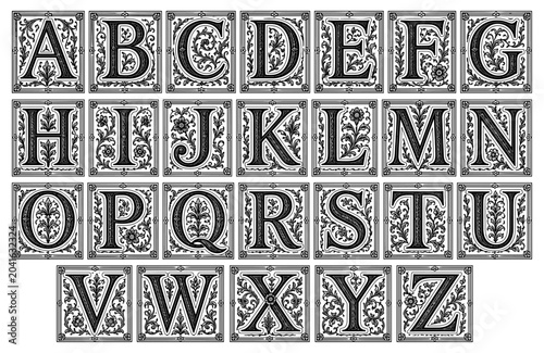 Vintage initial alphabet letter set with floral drop cap monogram font