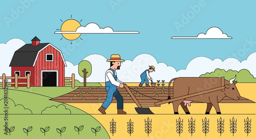 Bild auf Leinwand Farmers Plowing Field with Ox Cart, Rural Farm Scene, Agriculture Illustration
