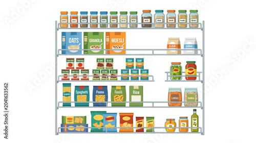 Pantry Shelf Full of Food Products, Jars, Cans, Boxes, and Bottles