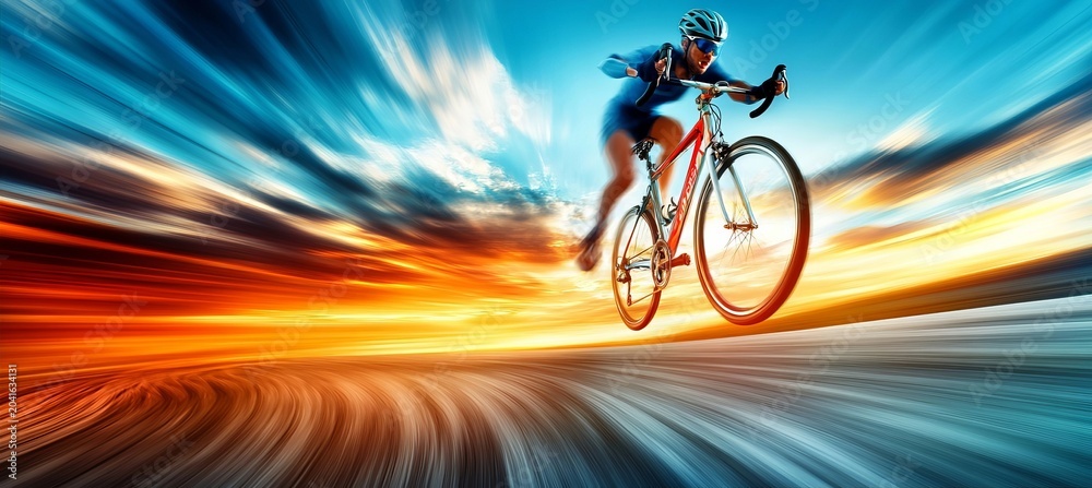 Fototapeta premium Speed Demon Cyclist Blurs Past Scenic Route Towards Radiant Horizon in Action-Packed Ride Adventure
