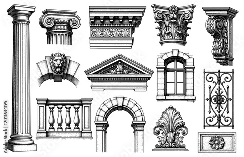 Classical architecture decor sketch set with antique column arch facade