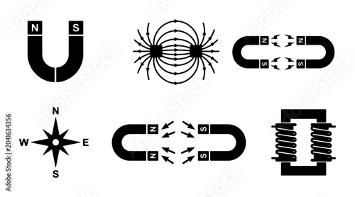 Schilderij op canvas Magnetism Science Icons: Horseshoe, Bar Magnets, Field Lines, Compass Rose, Coil