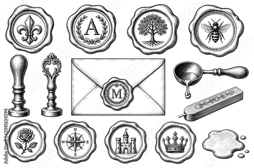 Vintage wax stamp heraldic seal set with envelope monogram and crown