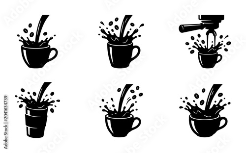 Fotografie Coffee Pouring Vector Icons, Hot Beverage Splash Set, Espresso Machine Brew Elem