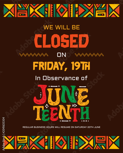 Photos Colorful Juneteenth closure notice template featuring African inspired geometric borders and bold typography