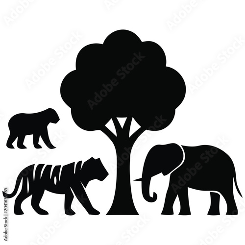 Photography vector flat Illustration Silhouette of Wild Animals and Tree Featuring Tiger, El