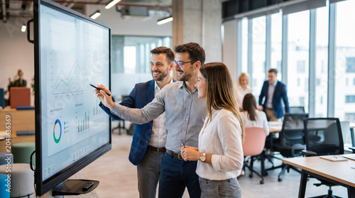 Happy diverse corporate business team analyzing complex financial data charts on large interactive digital whiteboard during creative modern office strategy meeting
