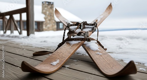 Vintage Wooden Ski Pair Resting on Snowy Cabin Porch