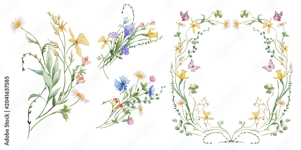 Fototapeta premium Spring summer floral bouquet frames. Watercolor colorful wildflower floral clipart, flower meadow. Wedding floral frame.