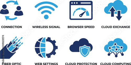 Photos Cloud computing and network connectivity icons showing wireless signal browser speed and cloud protection