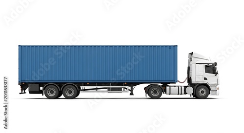 White Semi Truck Hauling Blue Shipping Container on Plain White Background