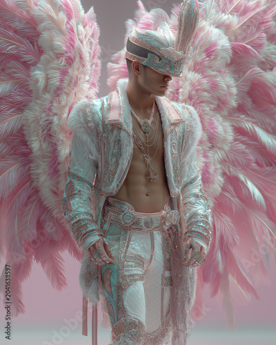 Male Fashion Model Wearing Pastel Feather Costume with Bare Chest in Studio