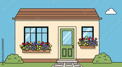 Quadro su tela Charming Cartoon House with Flower Boxes and Blue Sky