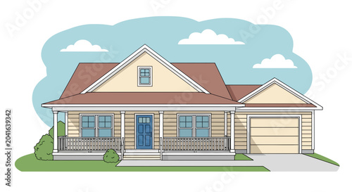 Tableau sur toile Charming Suburban House with Garage and Porch - Illustration