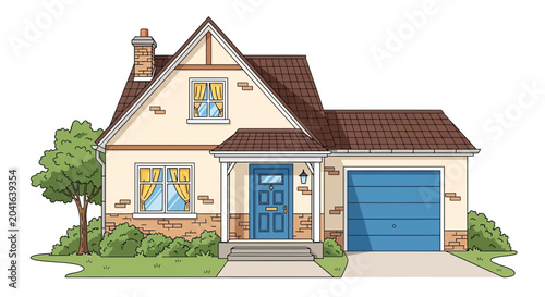 Fotografie Charming Suburban House with Garage and Garden - Illustration