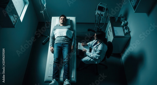 Patient Under Observation in Hospital Bed as a Physician Takes Notes Diagnosis