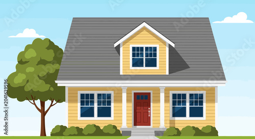 Cuadro en lienzo Cozy Yellow House with Red Door and Green Tree, Suburban Home Illustration