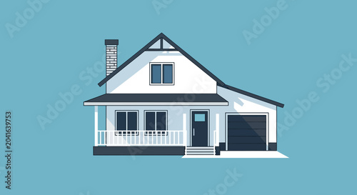Tableau sur toile Modern suburban house with garage and chimney, flat design, isolated on blue bac