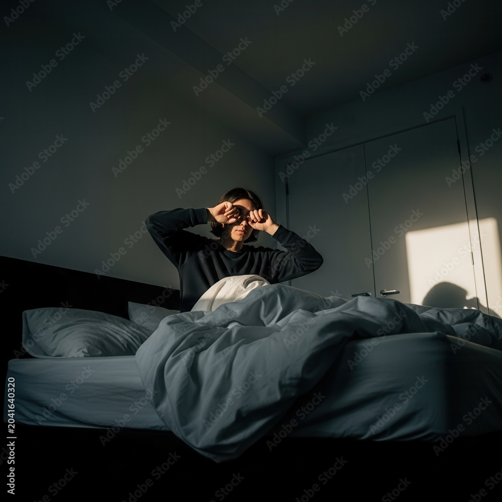 Fototapeta premium Person Awakens in Early Morning Sunlight, Shielding Eyes, Bedroom Interior Shot