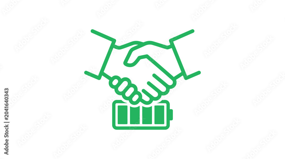 Fototapeta premium Green handshake icon over battery symbol, symbolizing partnership in green energy or eco-friendly business.