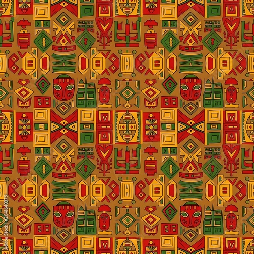 Colorful Geometric Tribal Pattern Repeating on Warm Ochre Background