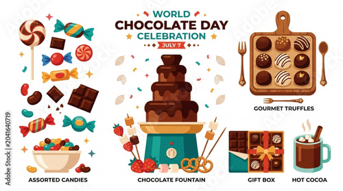 Foto World chocolate day celebration with assorted candies chocolate fountain gourmet
