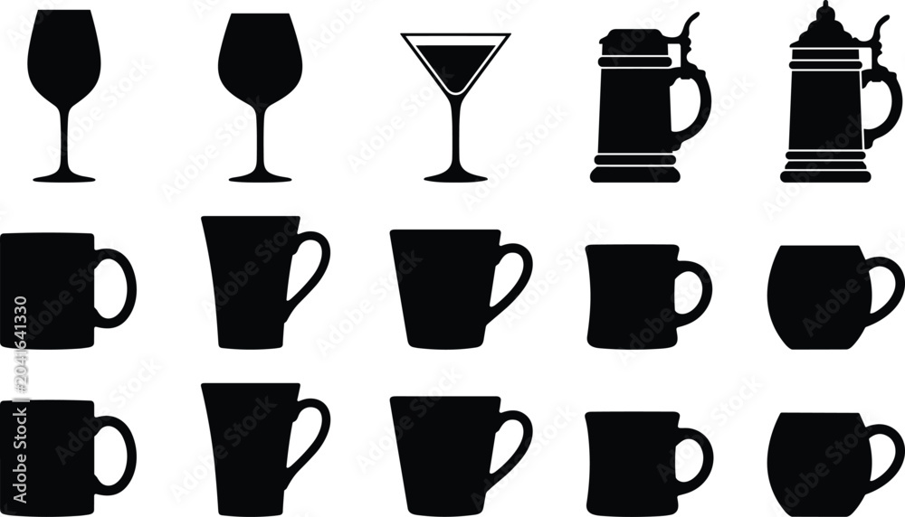 Obraz premium Drinkware Silhouette Collection Featuring Coffee Mugs Wine Glasses Cocktail Cups and Beer Steins Isolated Vector Set