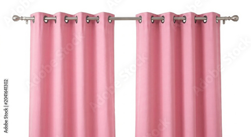 Pink eyelet curtains hanging on a modern metallic rod, isolated on a clean white background