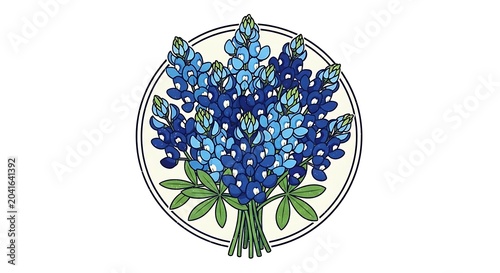 Blue Wildflower Bouquet Arranged in Circular Botanical Illustration
