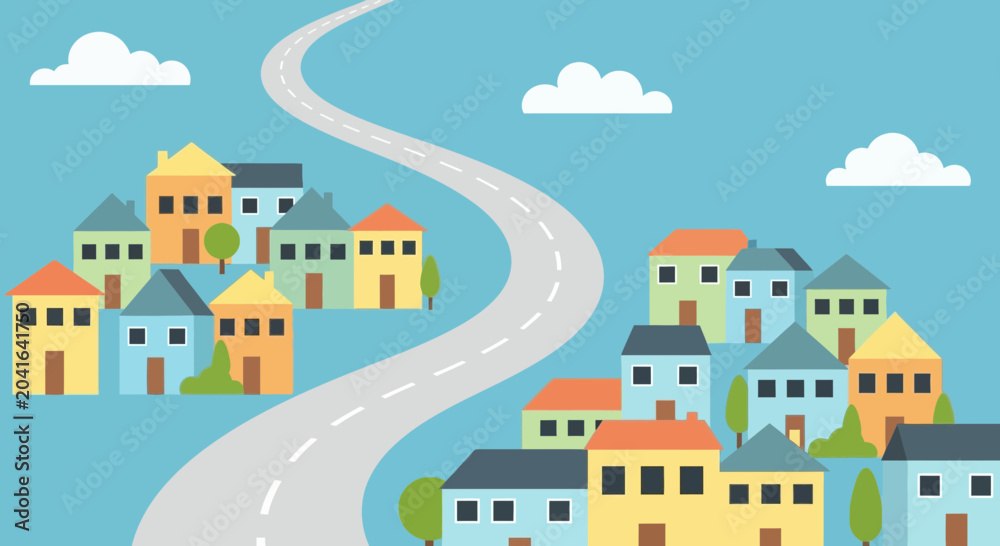 Naklejka premium Colorful Houses Lined Up Along Winding Road Under Blue Sky with Clouds