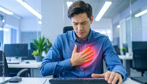 Man experiencing chest pain, potential heart attack symptoms at work, medical emergency in office