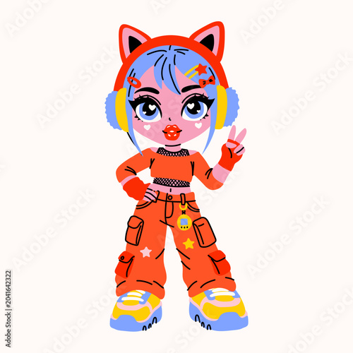 Foto Chibi Fashion Girl Making Peace Sign Illustration