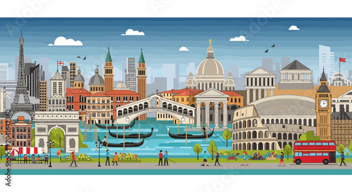 Photos European City Skyline with Famous Landmarks: Venice, London, Rome, Paris Vector