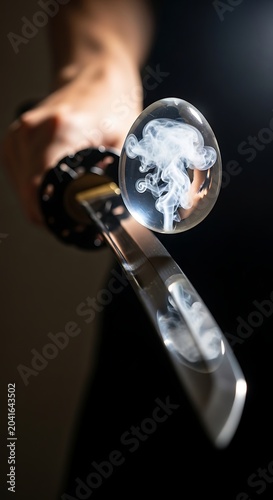 Swirling White Smoke Reflected in Clear Glass Sphere Against Dark Background