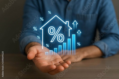 Real estate interest rates and mortgage concept with glowing hologram