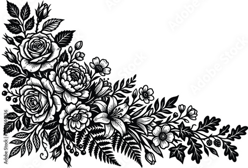 Foto Black and white floral corner design with roses and leaves