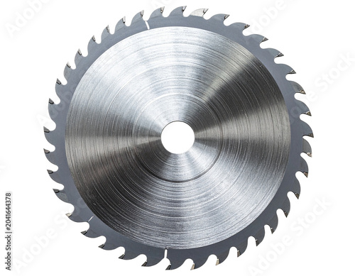 An isolated industrial steel circular saw blade features sharp cutting teeth engineered like a mechanical gear for machinery equipment