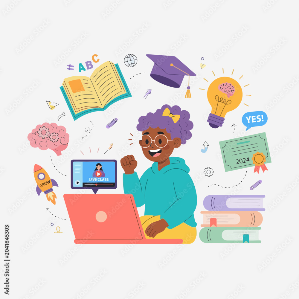 Fototapeta premium Happy young girl student learning online with laptop and books