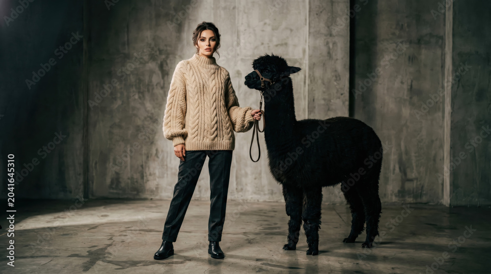 Fototapeta premium Fashion model alpaca knit sweater cable knit studio concrete wall Fashion model standing with black alpaca leash studio with concrete wall, wearing beige cable knit turtleneck sweater and black