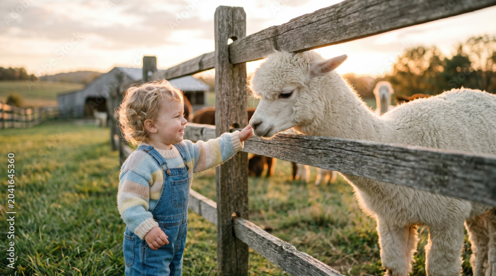 Naklejka premium Toddler child alpaca farm petting fence countryside sunset toddler reaching out with gentle curiosity to pet white alpaca through wooden fence farm sunset, warm light creating calm family moment