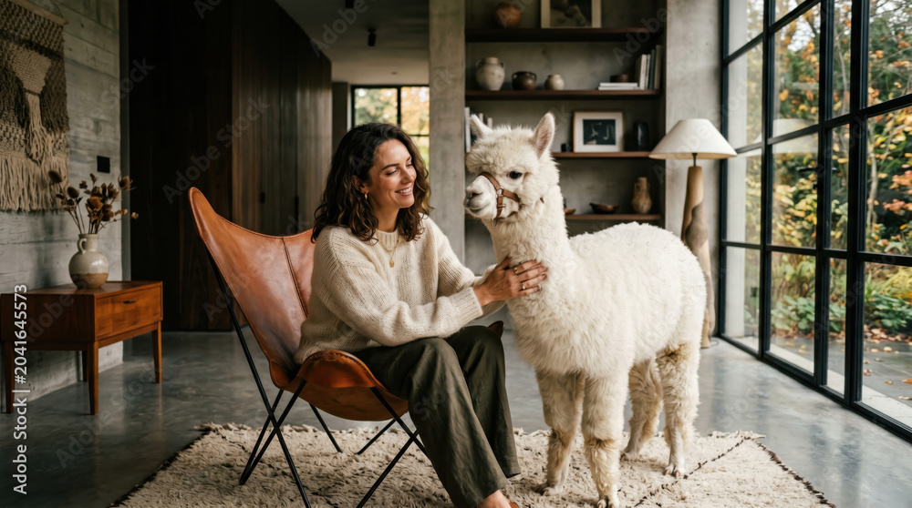 Fototapeta premium Woman alpaca living room modern interior natural light sustainable fashion cozy home lifestyle scene with smiling woman petting white alpaca near large window, minimalist decor, warm tones