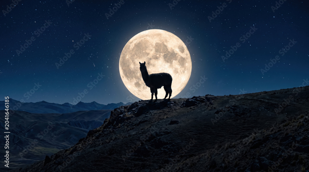 Naklejka premium Alpaca silhouette full moon night sky mountain ridge starry sky dramatic landscape Lone alpaca silhouette mountain ridge beneath full moon, starry night sky, rugged highland horizon creating