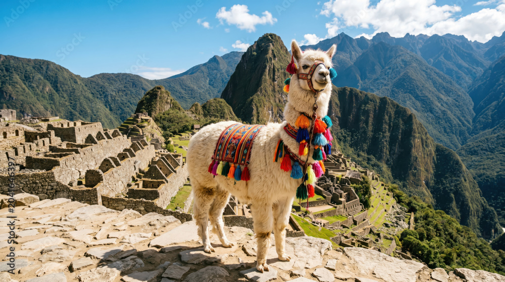 Naklejka premium Alpaca Machu Picchu Peru mountain Inca ruin Andes traditional textile colorful white alpaca wearing traditional colorful textile and tassel ornaments, standing stone terrace Machu Picchu Peru with