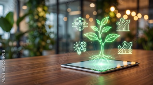 Digital hologram of a growing plant with business icons on a tablet screen in a modern office environment