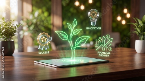 Digital concept of business growth with a glowing plant hologram, innovation lightbulb, and financial success icons