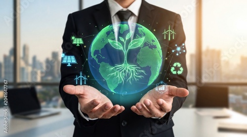 Businessman holding a digital globe with a plant and green energy icons representing sustainability and esg concepts