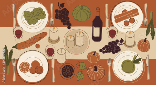 Festive Autumn Dinner Table Setting with Delicious Food and Drinks.