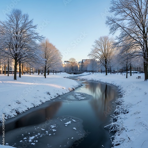 Snow Covered Trees Lining Frozen Canal in Quiet Winter City Park